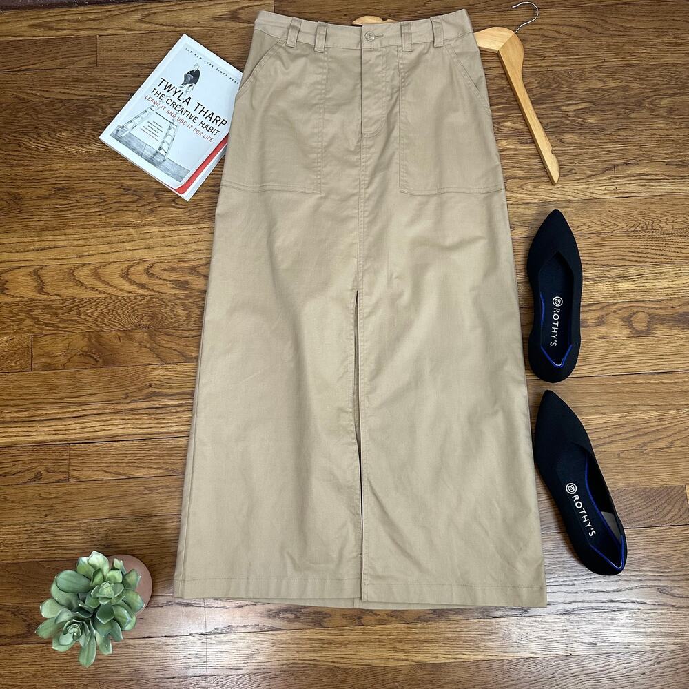 A New Day Khaki Midi Front Slit A-Line Skirt
